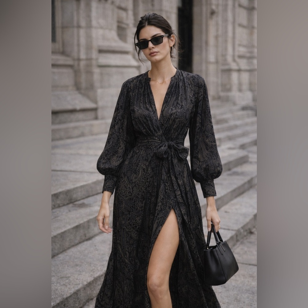 ZARA Black Boho‎ Maxi Dress – High Slit Wrap Style whimsygoth